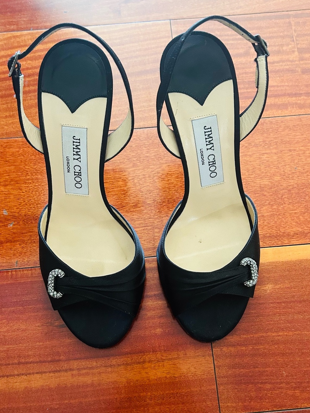 Jimmy Choo Black Satin Crystal Slingback Heels 37.5